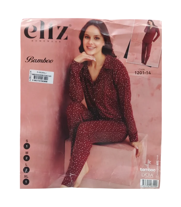 elitol eliz ic giyim kirmizi puantiyeli bambo kumas likrali kadin yetiskin pijama takimi softlina 2