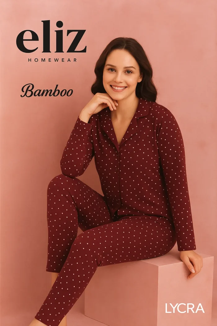 elitol eliz ic giyim kirmizi puantiyeli bambo kumas likrali kadin yetiskin pijama takimi softlina 2.webp